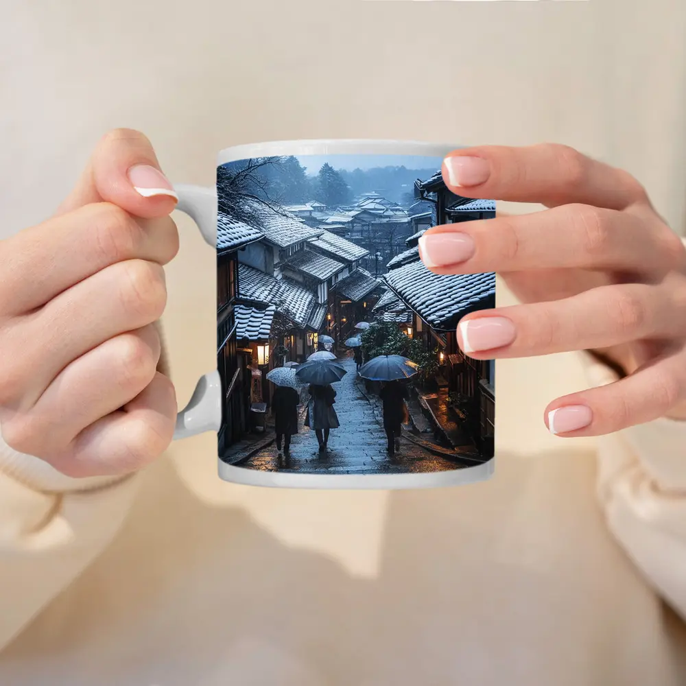 Kyoto Winter Street Snow Umbrella Scene – Mugs