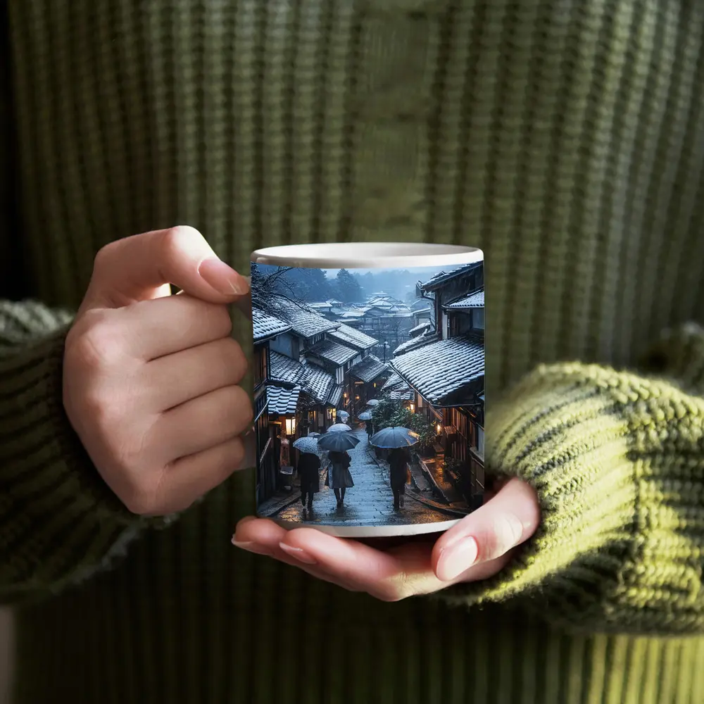 Kyoto Winter Street Snow Umbrella Scene – Mugs