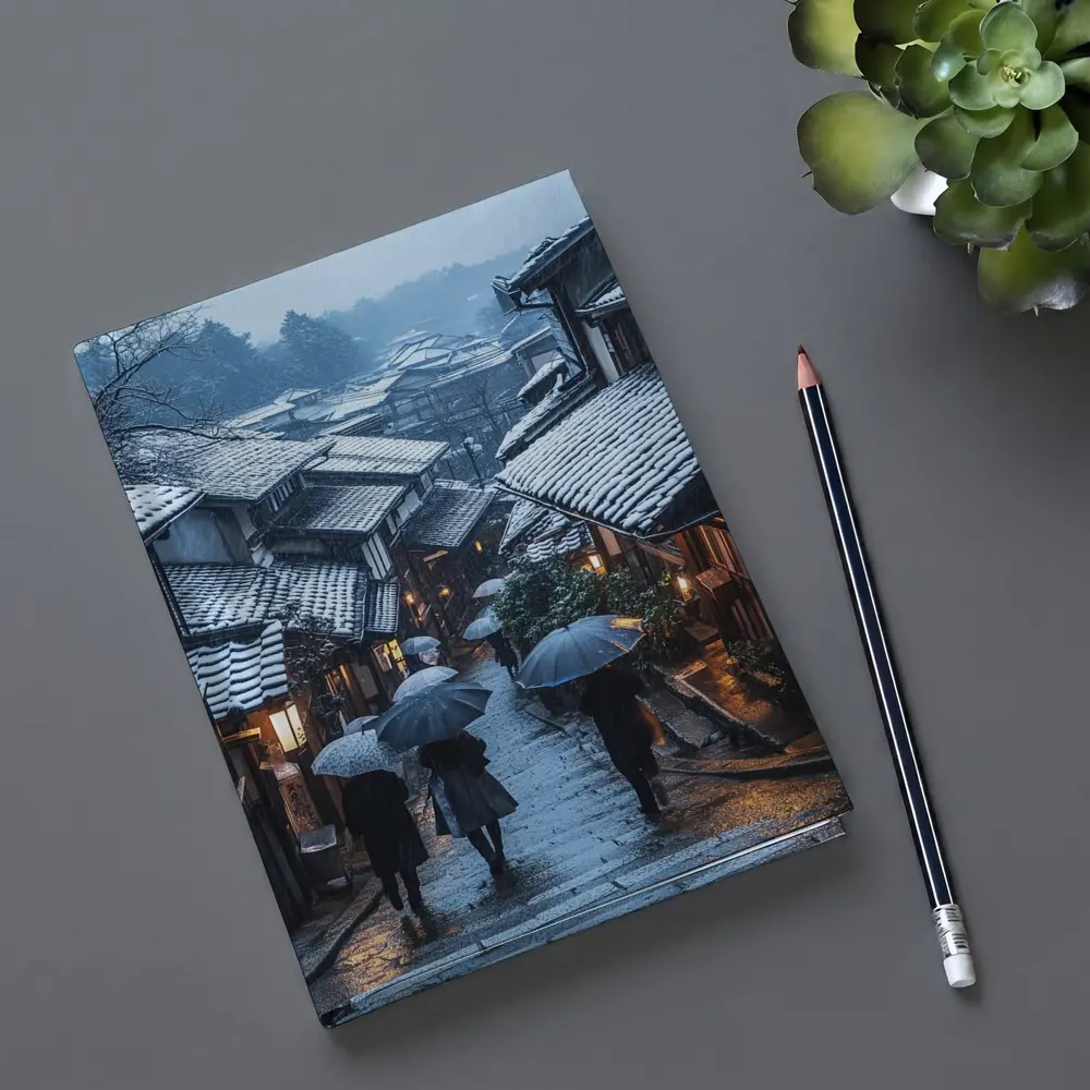 Kyoto Winter Street Snow Umbrella Scene – Notebooks