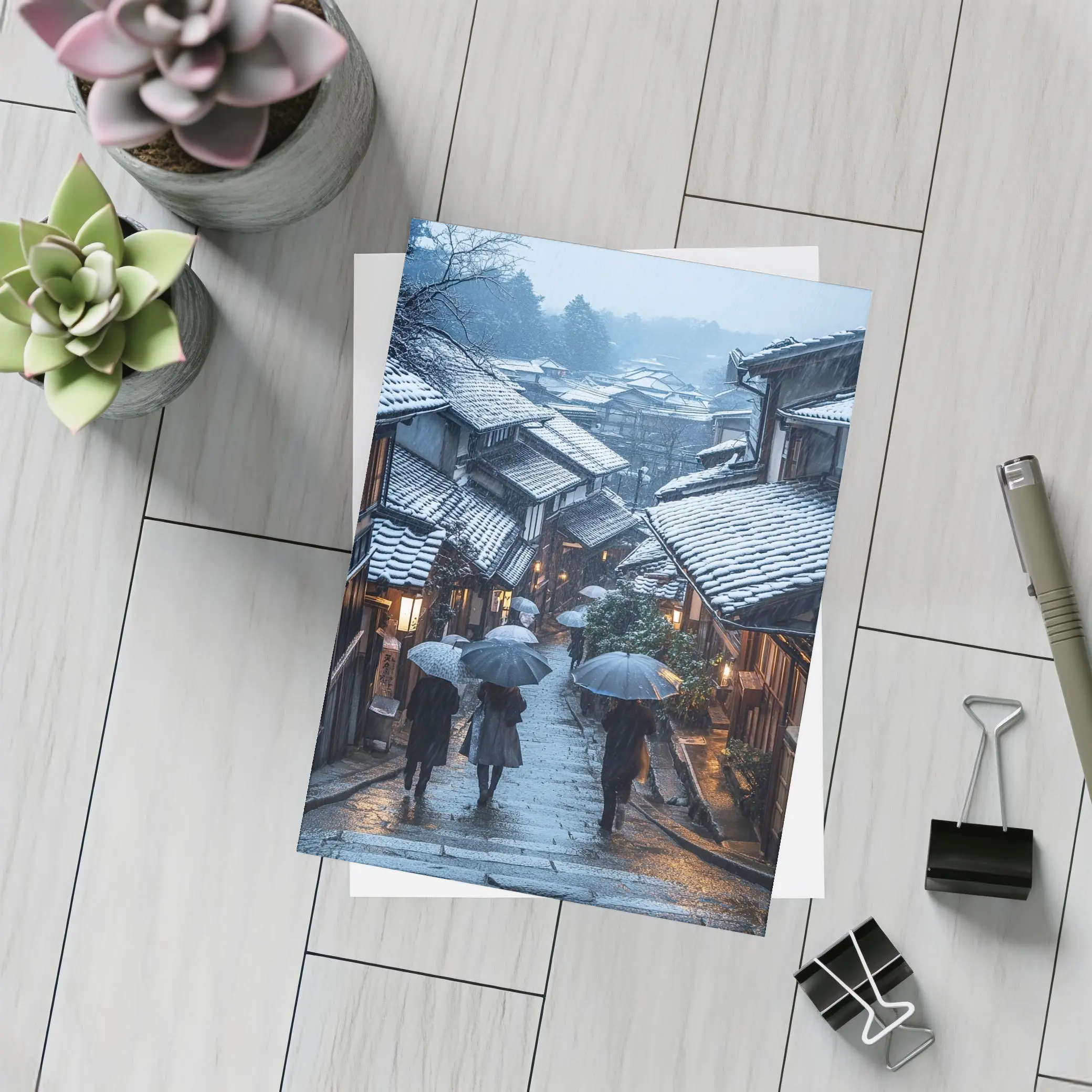 Kyoto Winter Street Snow Umbrella Scene – Postcards
