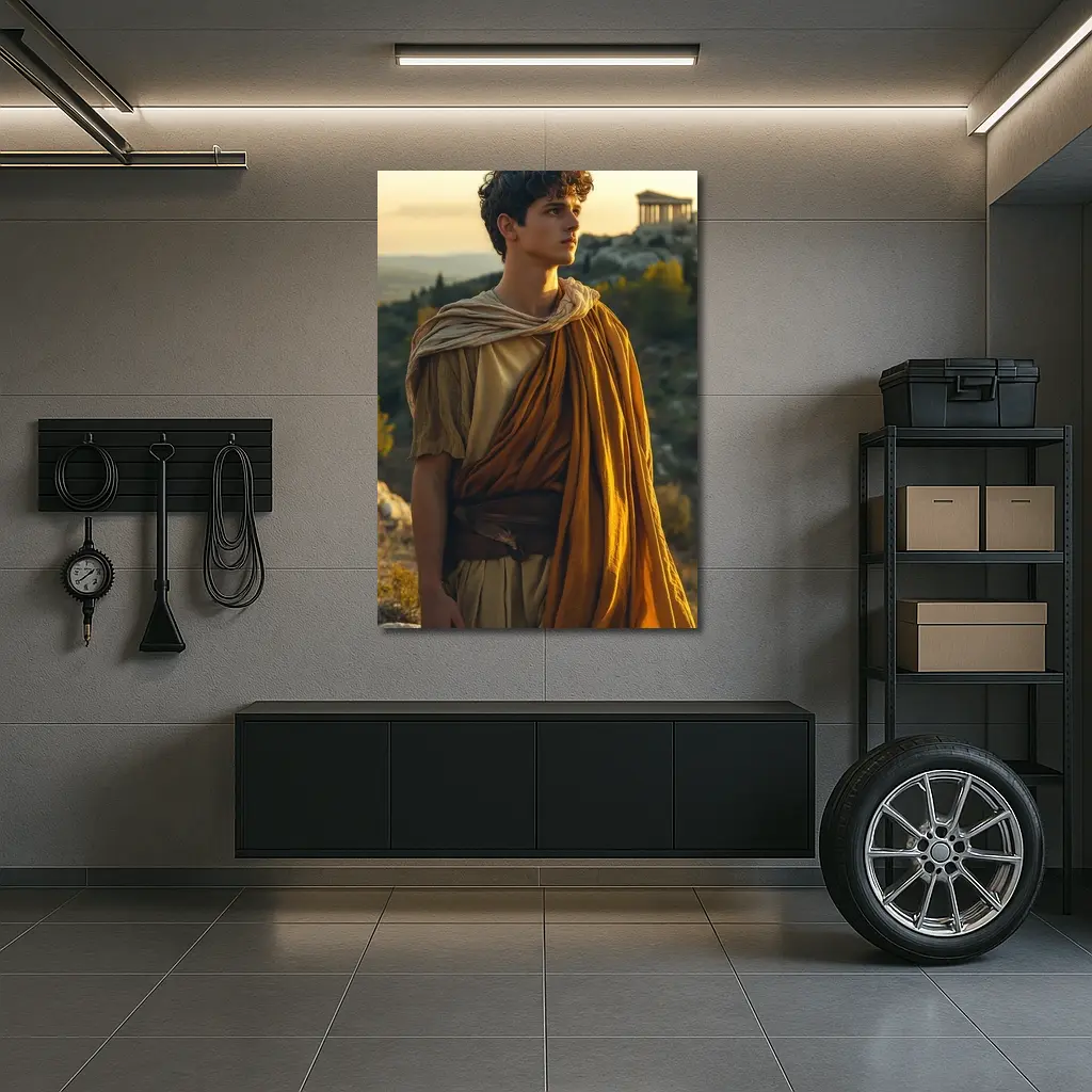 Young Greek Man Ancient Temple Sunset Background – Wall Art