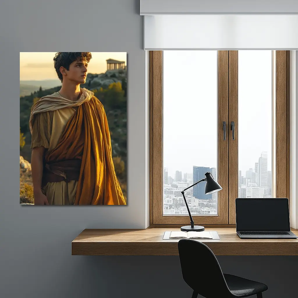 Young Greek Man Ancient Temple Sunset Background – Wall Art