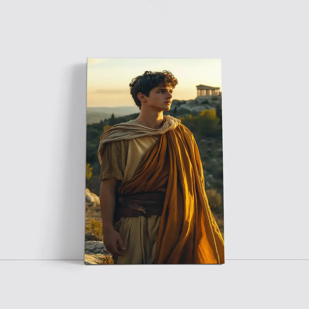 Young Greek Man Ancient Temple Sunset Background – Wall Art