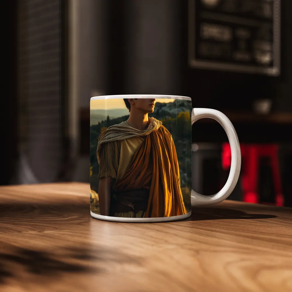 Young Greek Man Ancient Temple Sunset Background – Mugs