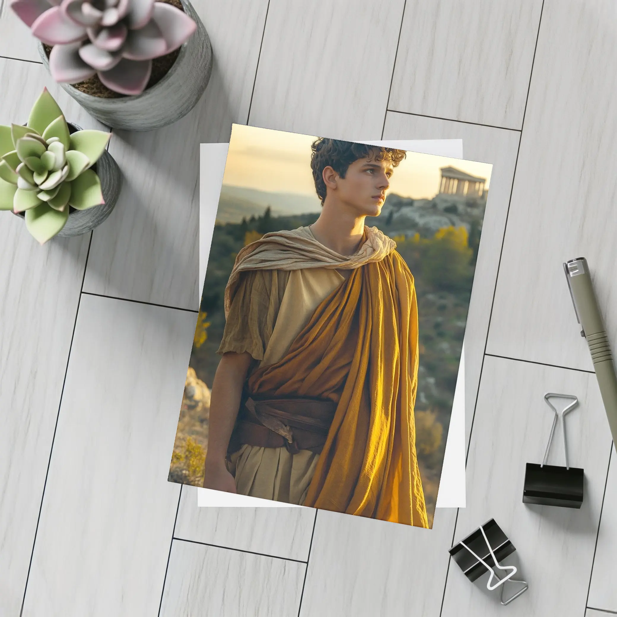 Young Greek Man Ancient Temple Sunset Background – Postcards