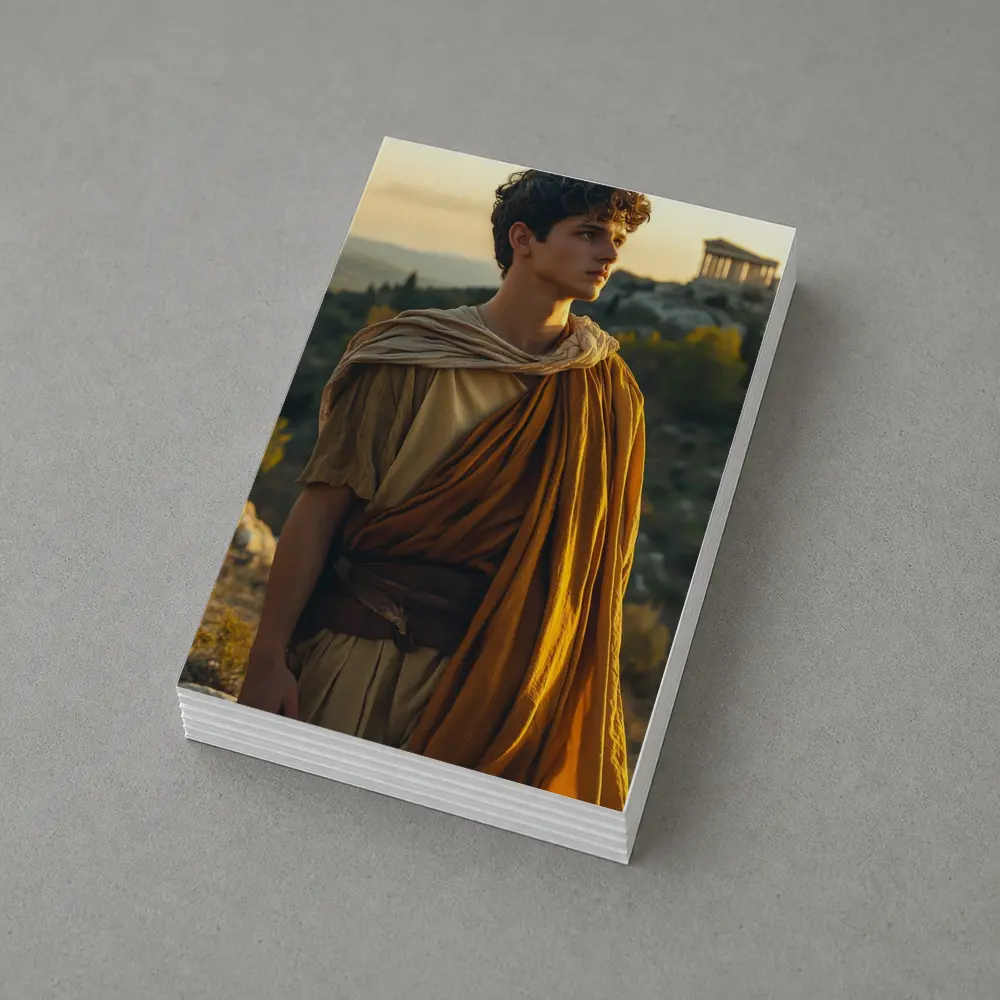 Young Greek Man Ancient Temple Sunset Background – Postcards