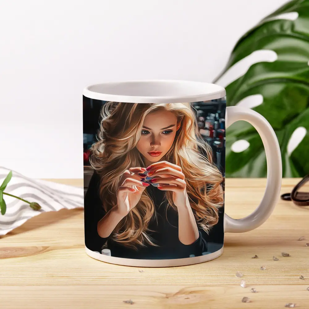 Blonde Woman Doing Nails Beauty Salon – Mugs