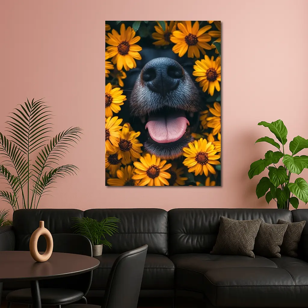 Happy Dog Nose Surrounded By Yellow Flowers – Wall Art