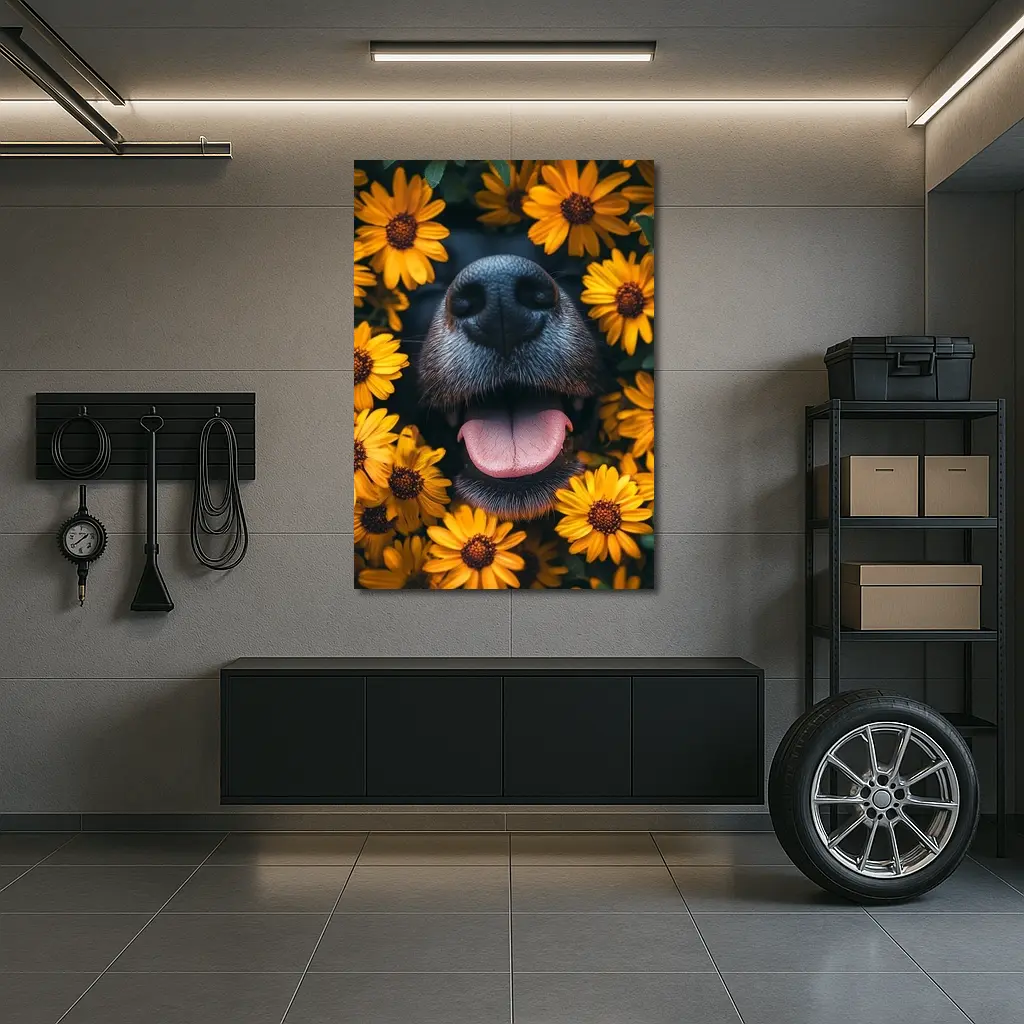 Happy Dog Nose Surrounded By Yellow Flowers – Wall Art