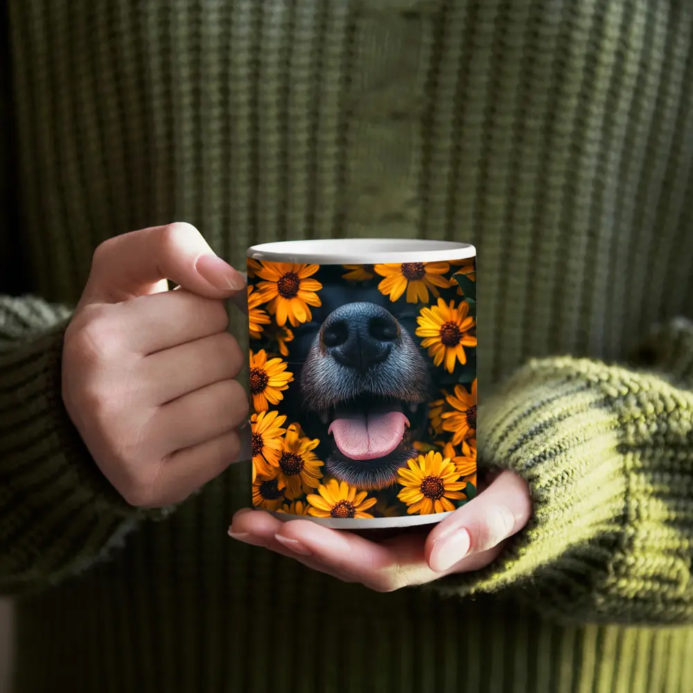 Happy Dog Nose Surrounded By Yellow Flowers – Mugs