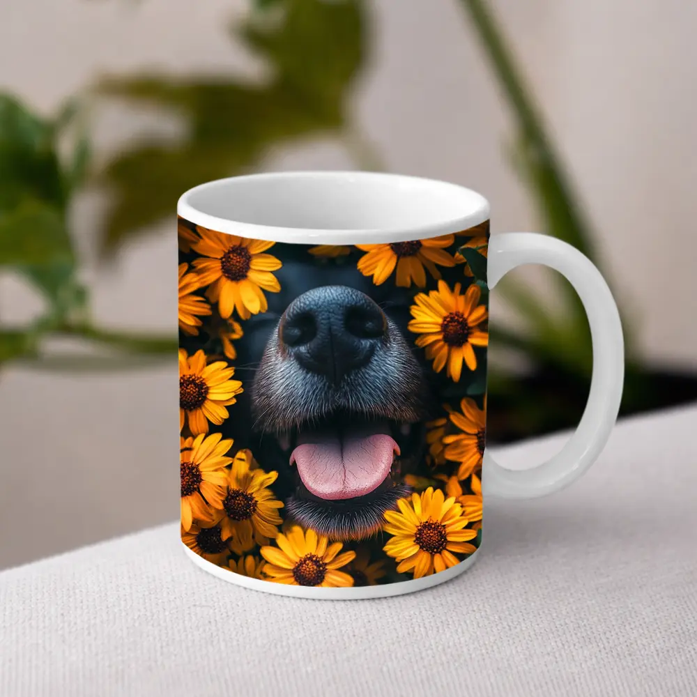 Happy Dog Nose Surrounded By Yellow Flowers – Mugs