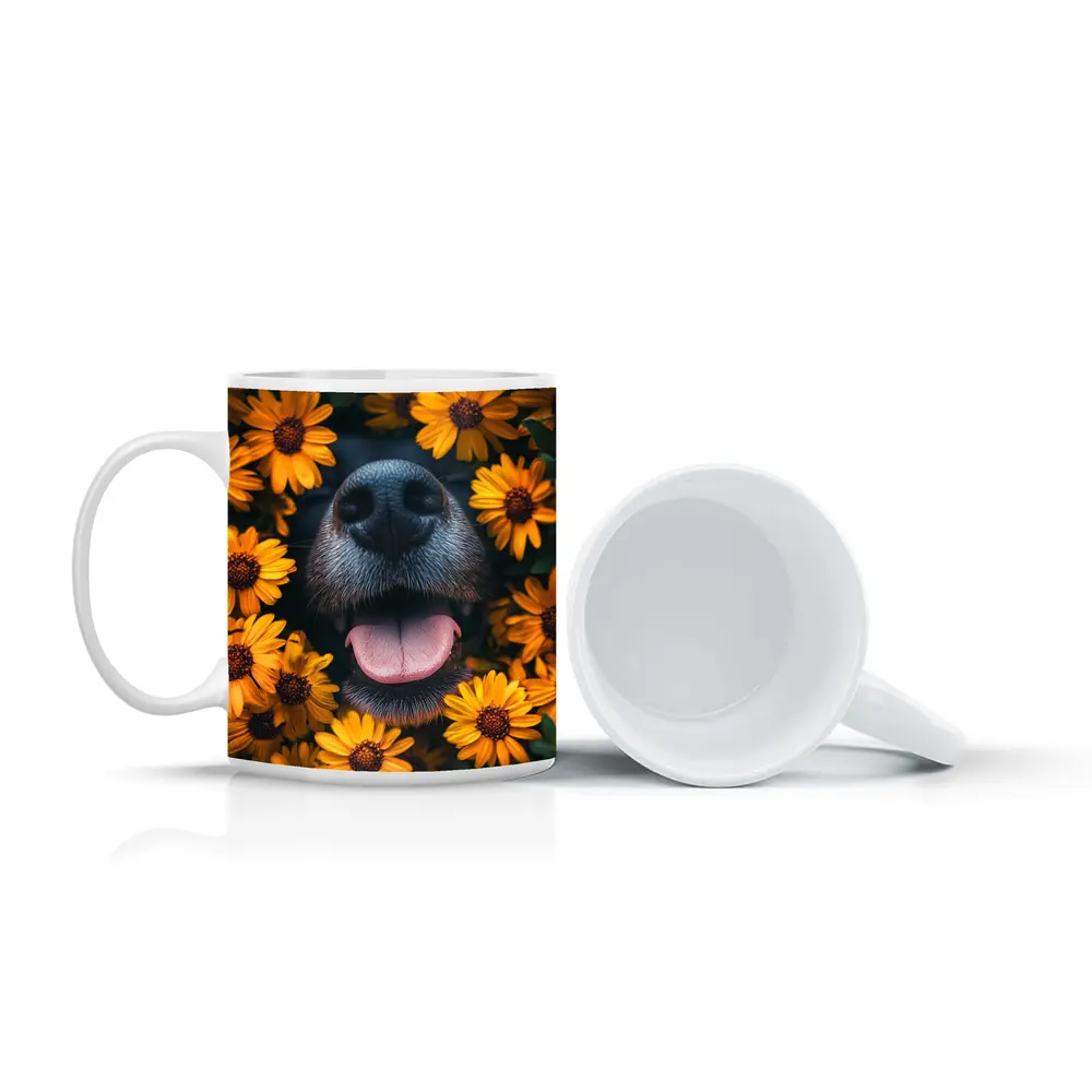Happy Dog Nose Surrounded By Yellow Flowers – Mugs