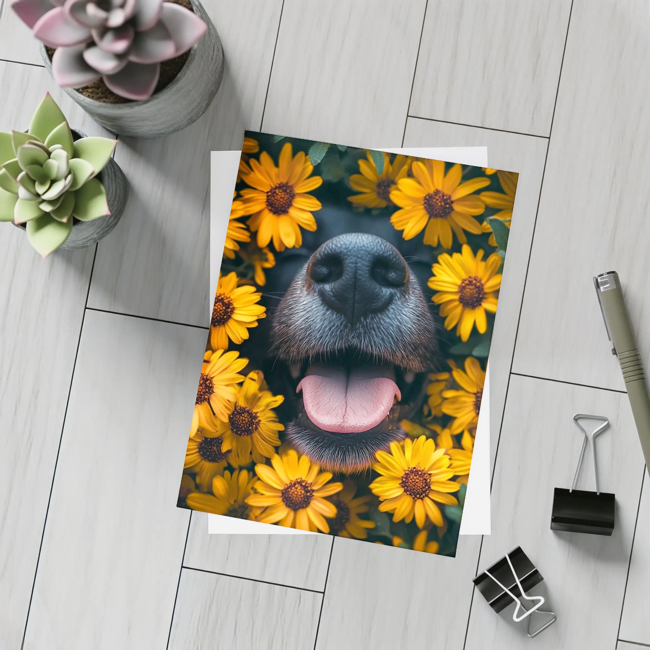 Happy Dog Nose Surrounded By Yellow Flowers – Postcards