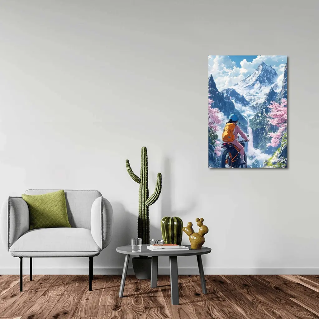 Anime Cyclist Riding Through Cherry Blossom Mountains – Wall Art