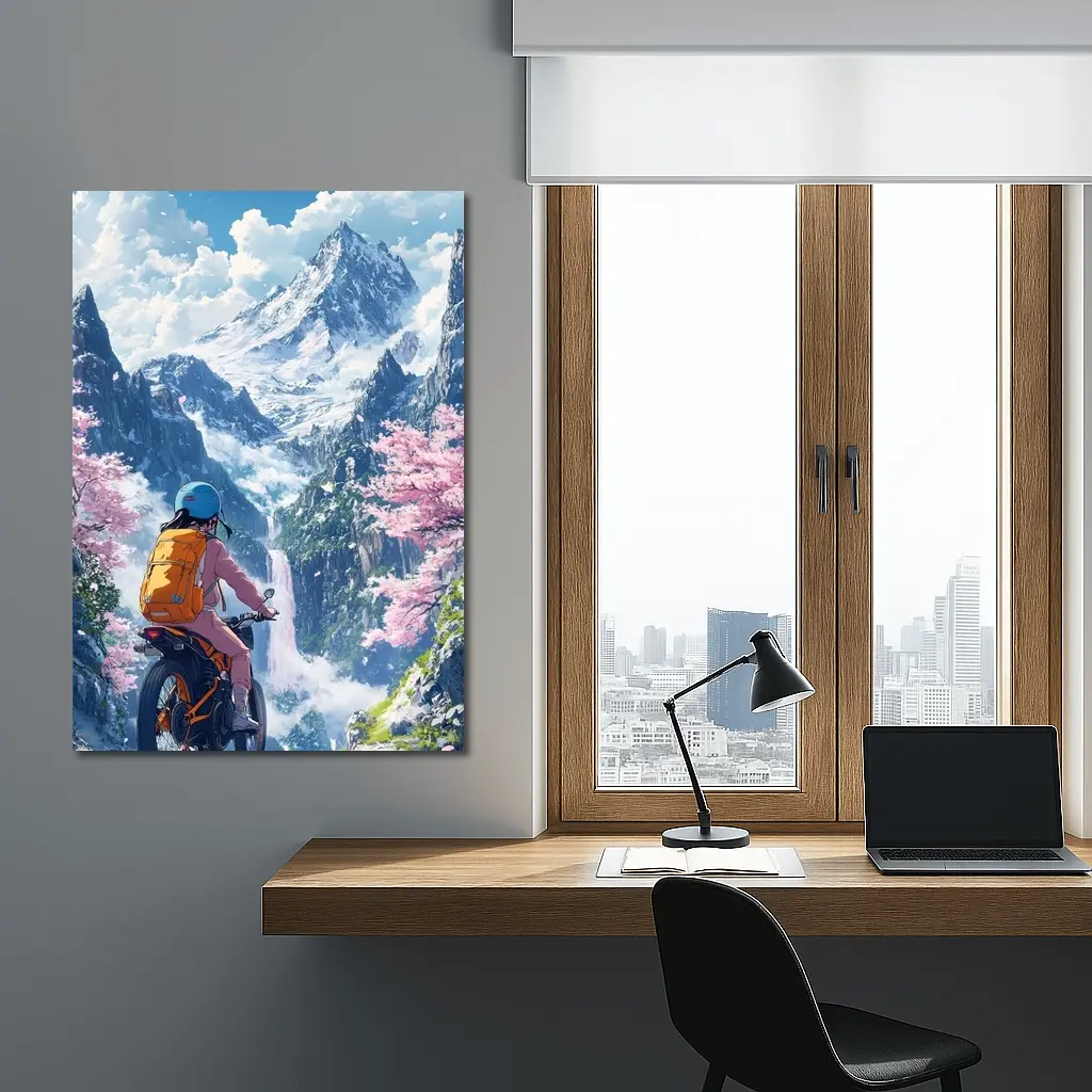 Anime Cyclist Riding Through Cherry Blossom Mountains – Wall Art