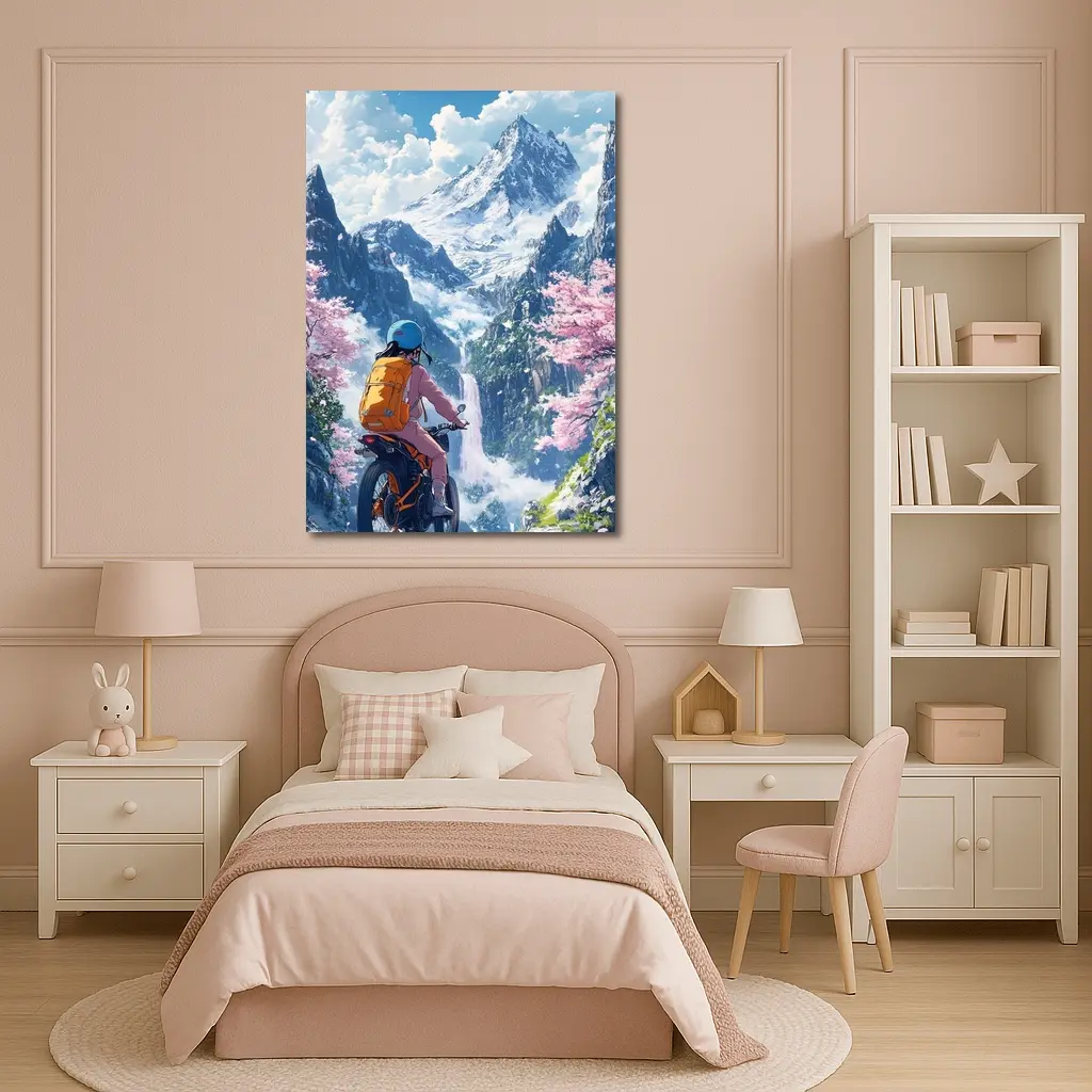 Anime Cyclist Riding Through Cherry Blossom Mountains – Wall Art