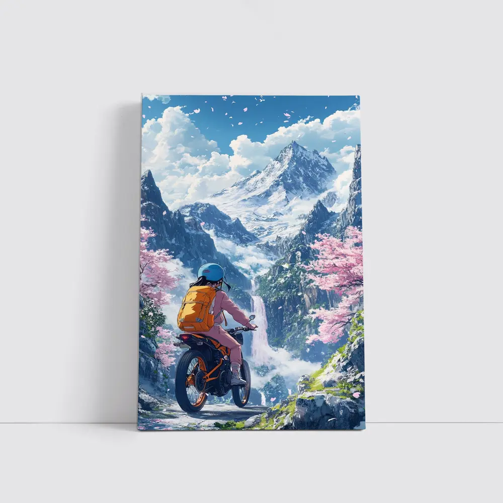 Anime Cyclist Riding Through Cherry Blossom Mountains – Wall Art