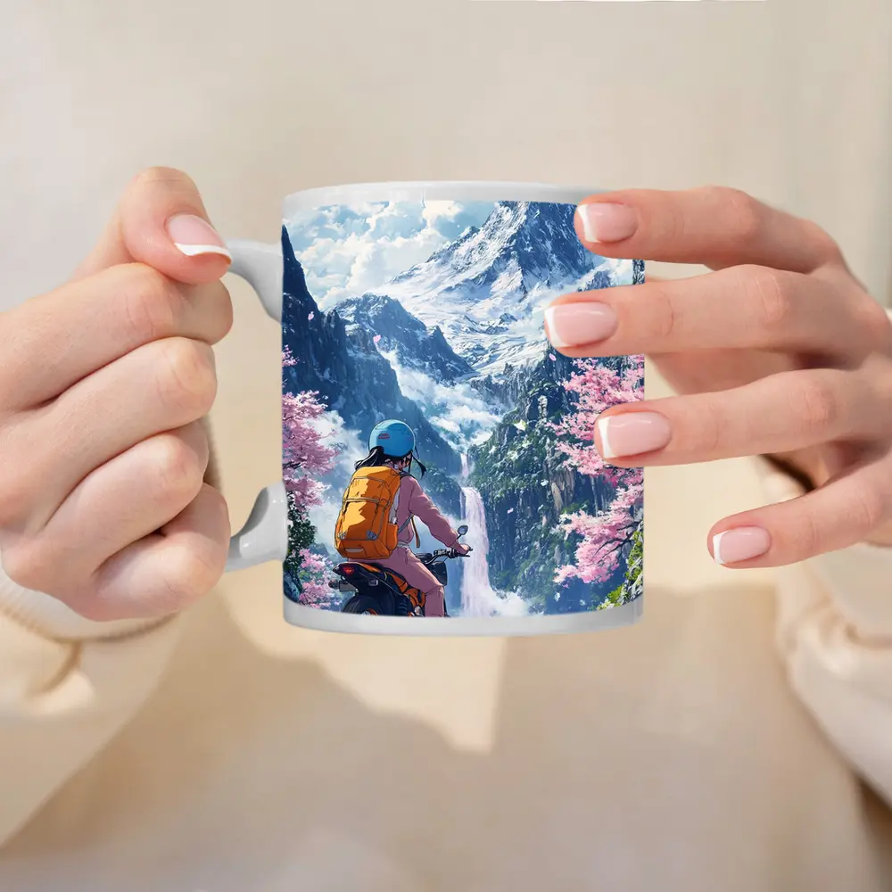 Anime Cyclist Riding Through Cherry Blossom Mountains – Mugs