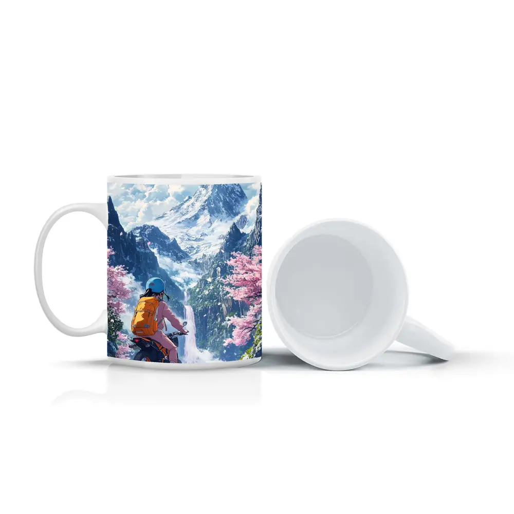 Anime Cyclist Riding Through Cherry Blossom Mountains – Mugs