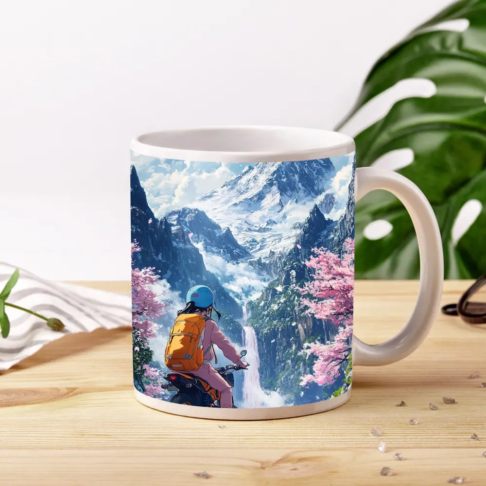 Anime Cyclist Riding Through Cherry Blossom Mountains – Mugs