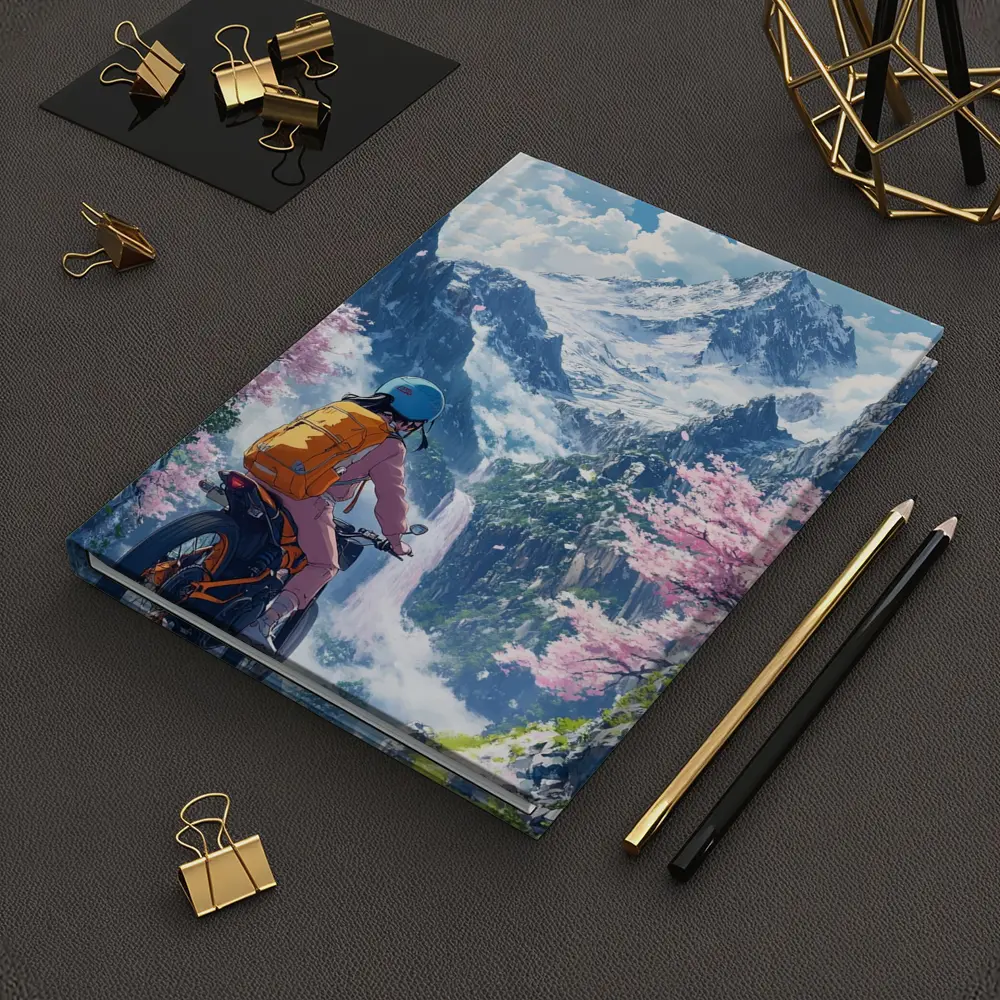 Anime Cyclist Riding Through Cherry Blossom Mountains – Notebooks