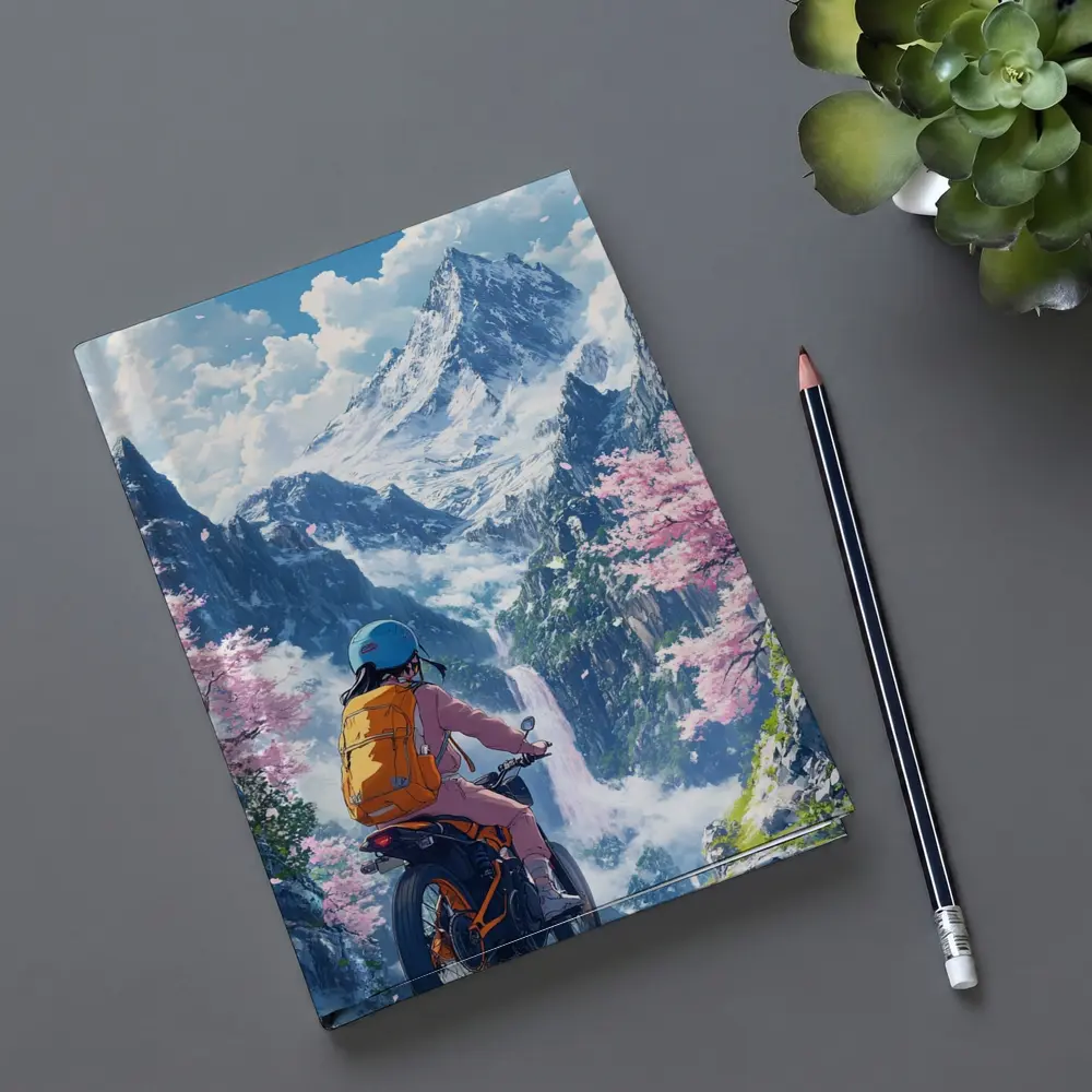 Anime Cyclist Riding Through Cherry Blossom Mountains – Notebooks