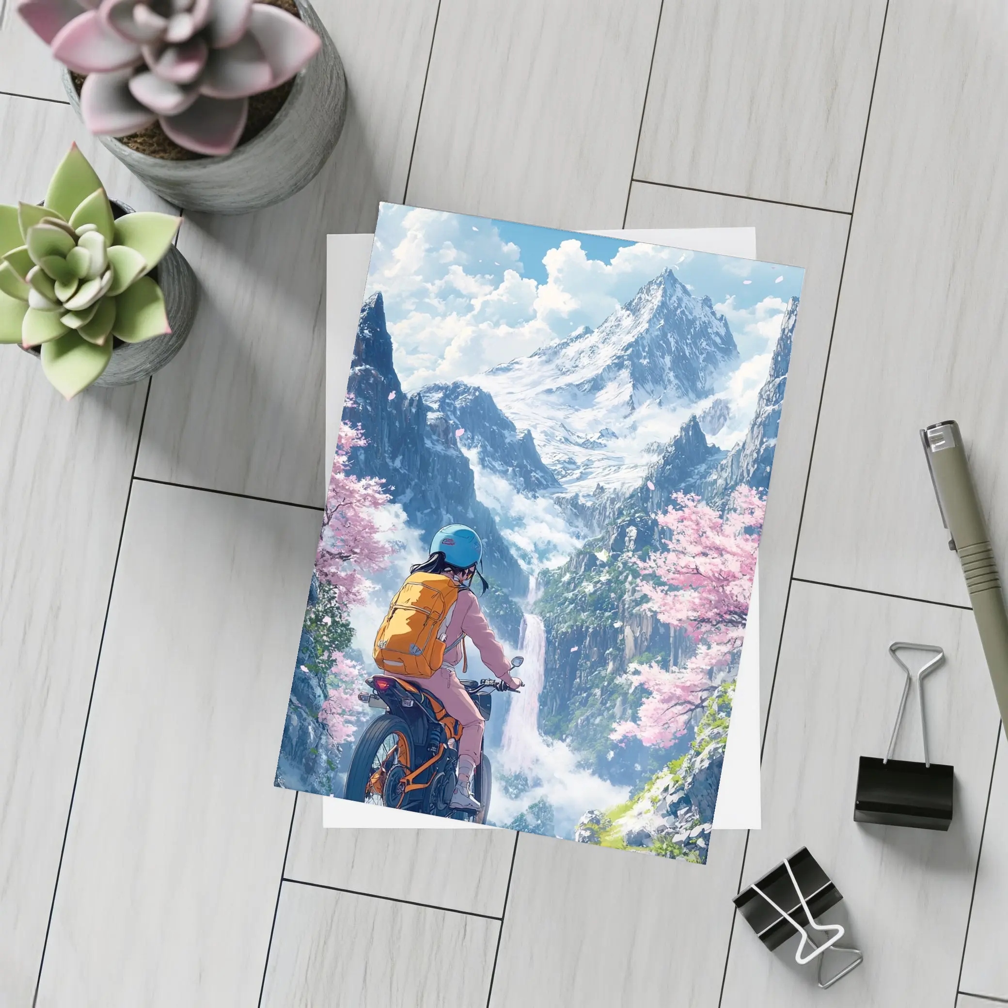 Anime Cyclist Riding Through Cherry Blossom Mountains – Postcards