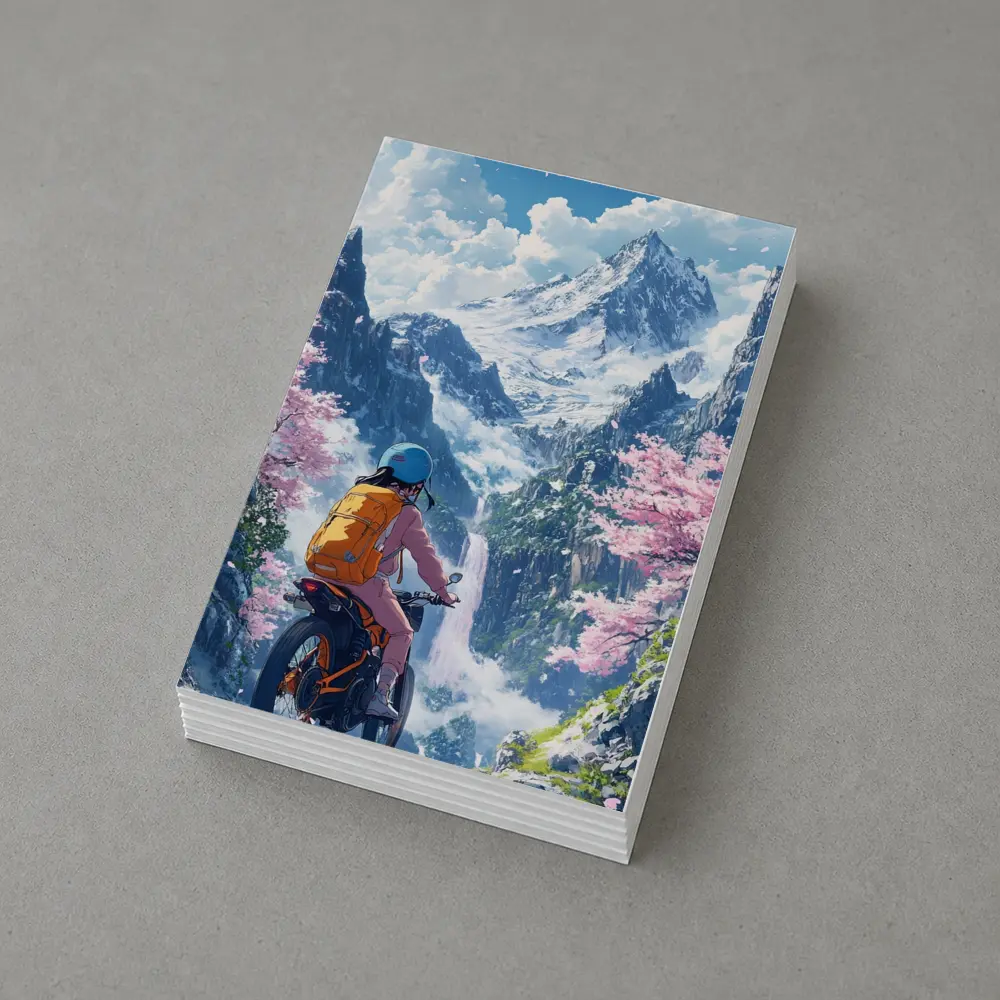 Anime Cyclist Riding Through Cherry Blossom Mountains – Postcards