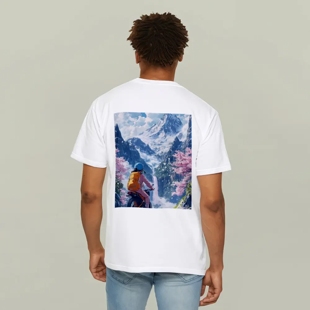 Anime Cyclist Riding Through Cherry Blossom Mountains – T-Shirts