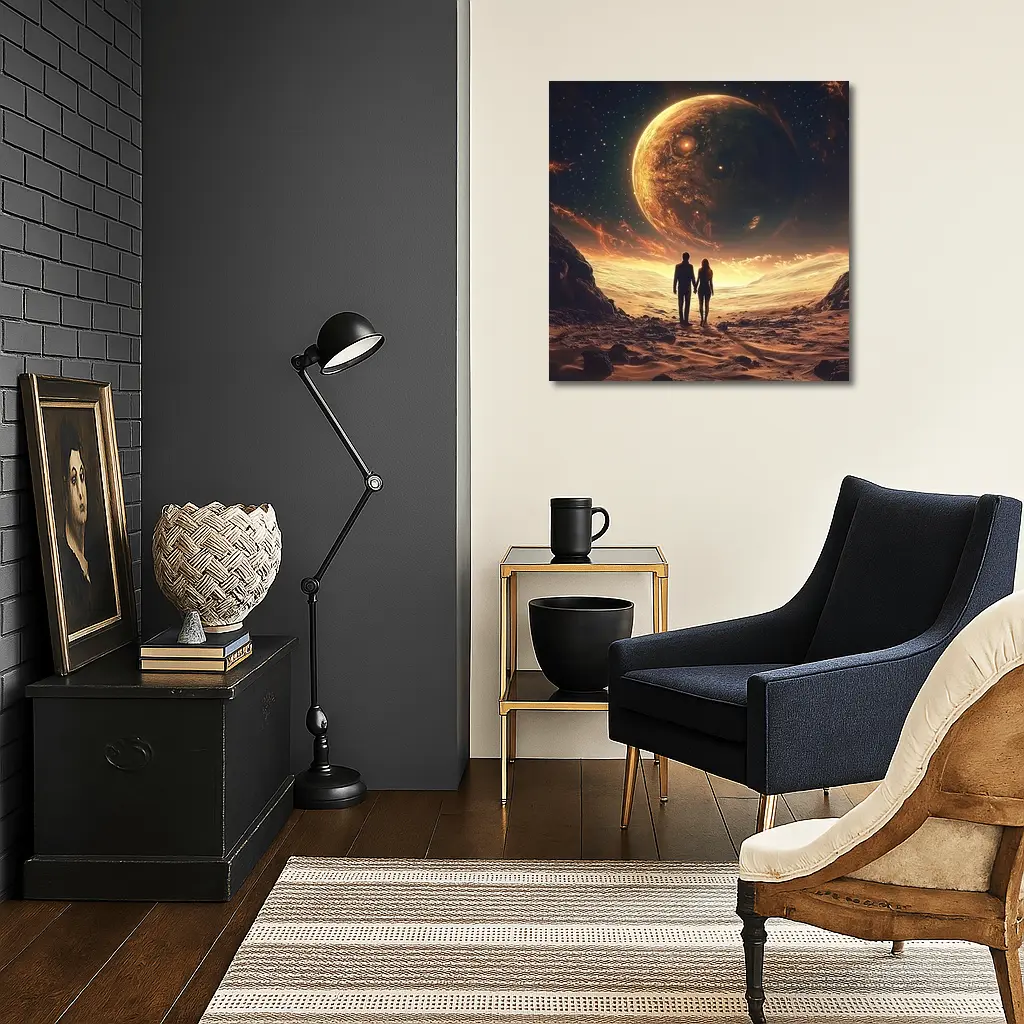 Couple Holding Hands Beneath Giant Planet – Wall Art
