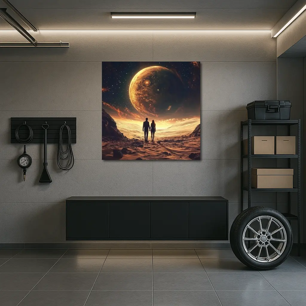 Couple Holding Hands Beneath Giant Planet – Wall Art