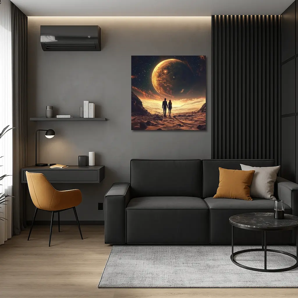 Couple Holding Hands Beneath Giant Planet – Wall Art