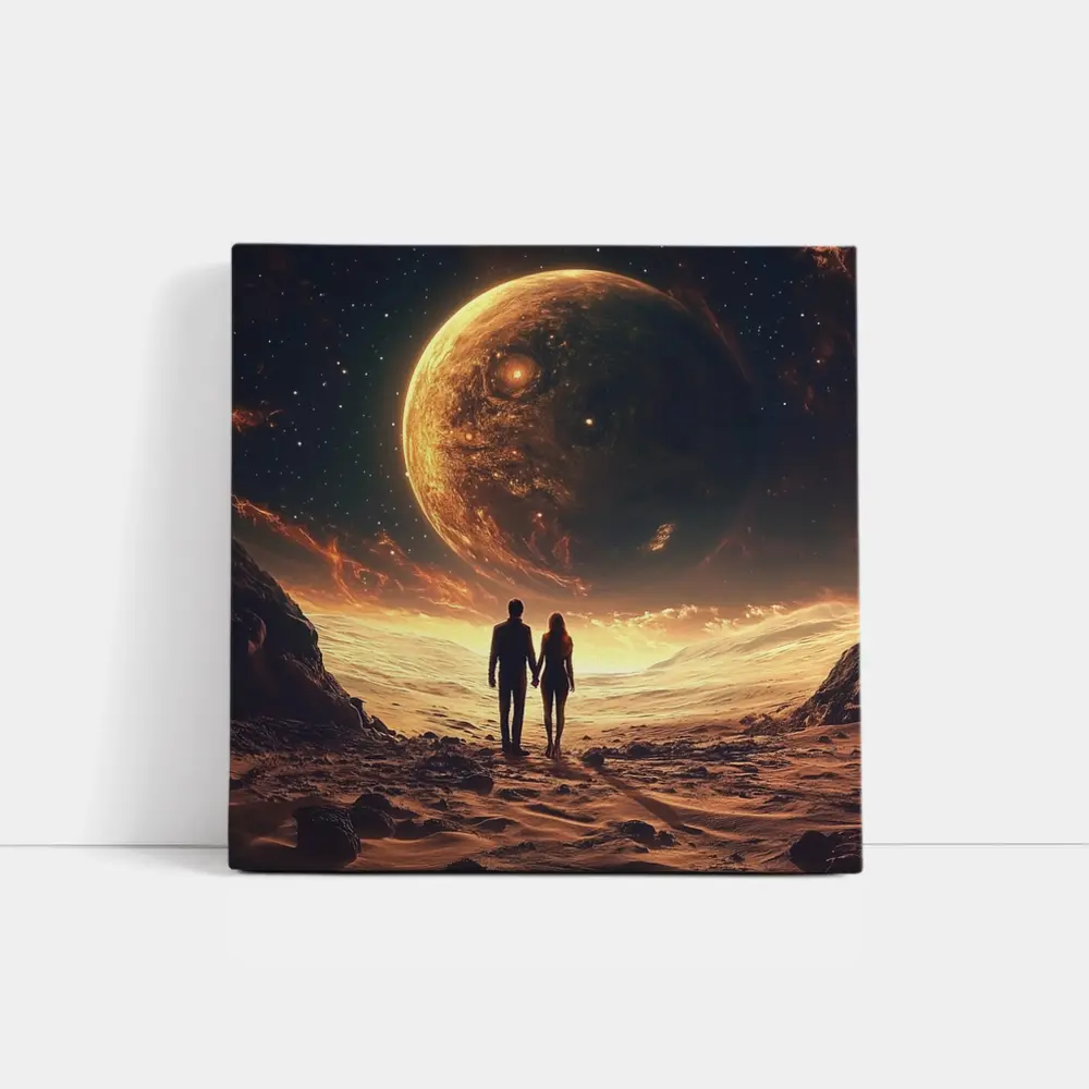 Couple Holding Hands Beneath Giant Planet – Wall Art