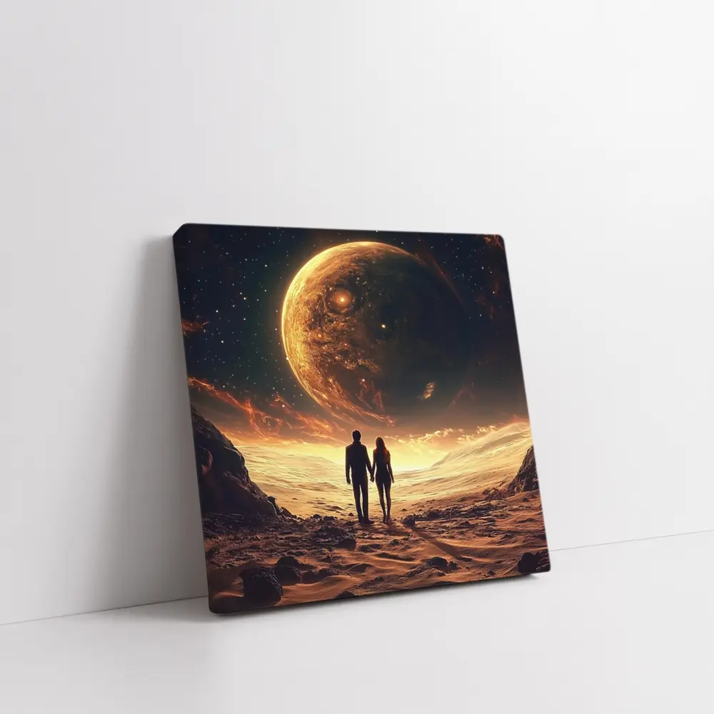 Couple Holding Hands Beneath Giant Planet – Wall Art