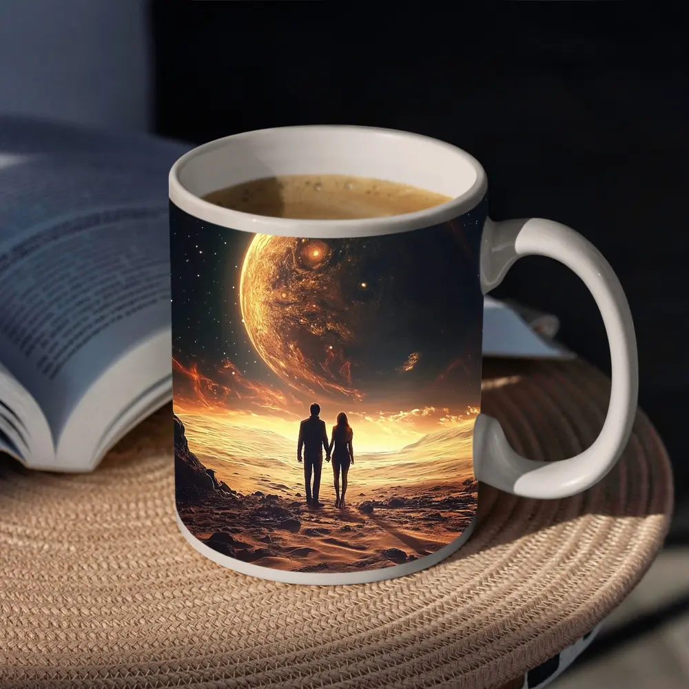 Couple Holding Hands Beneath Giant Planet – Mugs