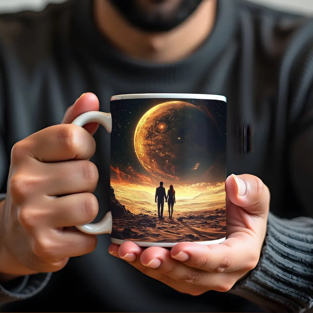Couple Holding Hands Beneath Giant Planet – Mugs