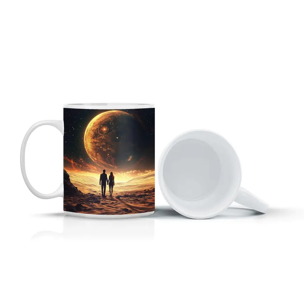 Couple Holding Hands Beneath Giant Planet – Mugs