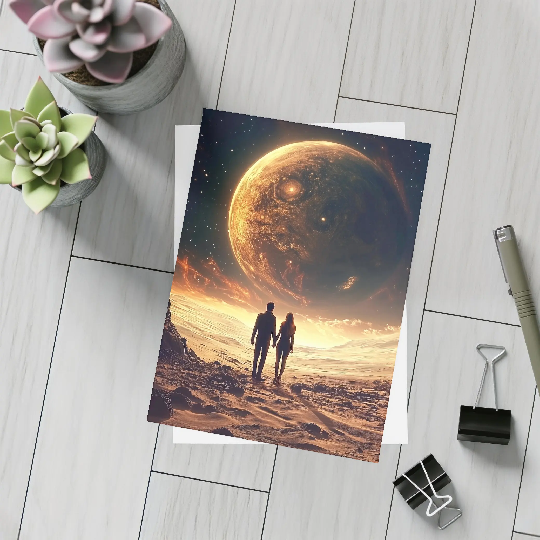 Couple Holding Hands Beneath Giant Planet – Postcards