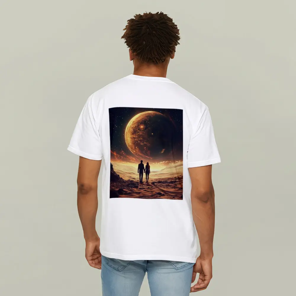Couple Holding Hands Beneath Giant Planet – T-Shirts