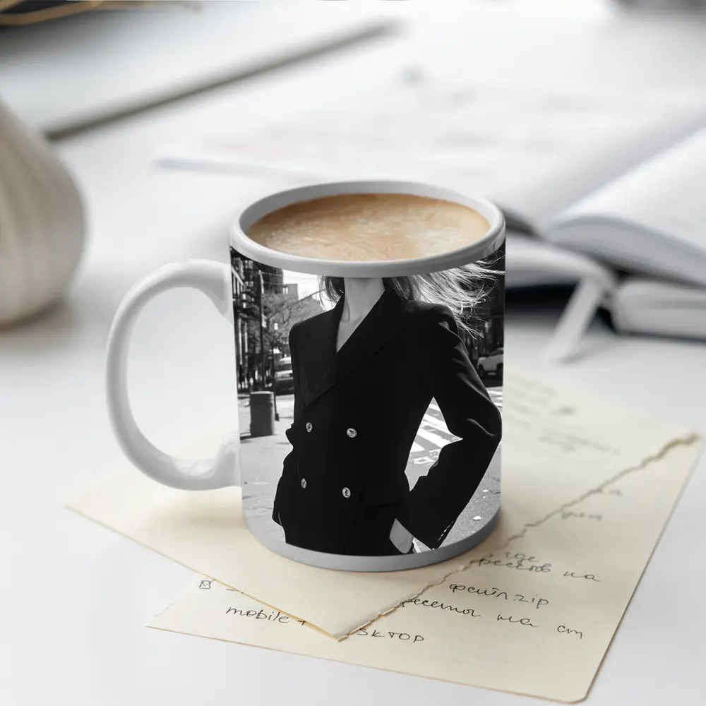Woman Black Suit City Street Portrait – Mugs