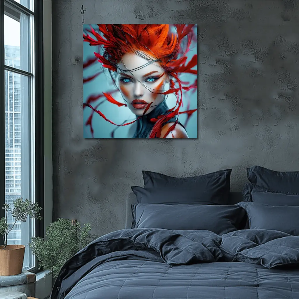 Red Feather Woman Portrait Blue Background – Wall Art