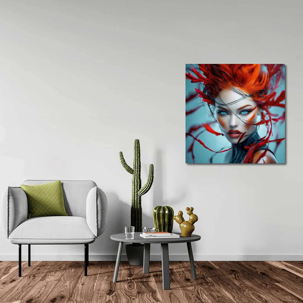 Red Feather Woman Portrait Blue Background – Wall Art