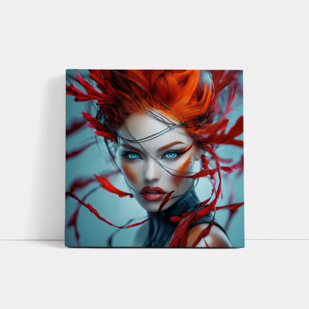 Red Feather Woman Portrait Blue Background – Wall Art