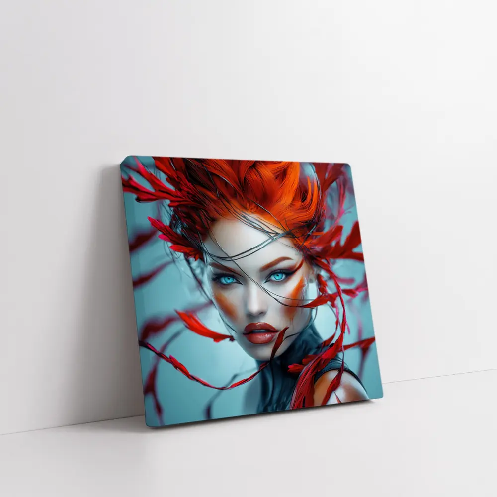 Red Feather Woman Portrait Blue Background – Wall Art