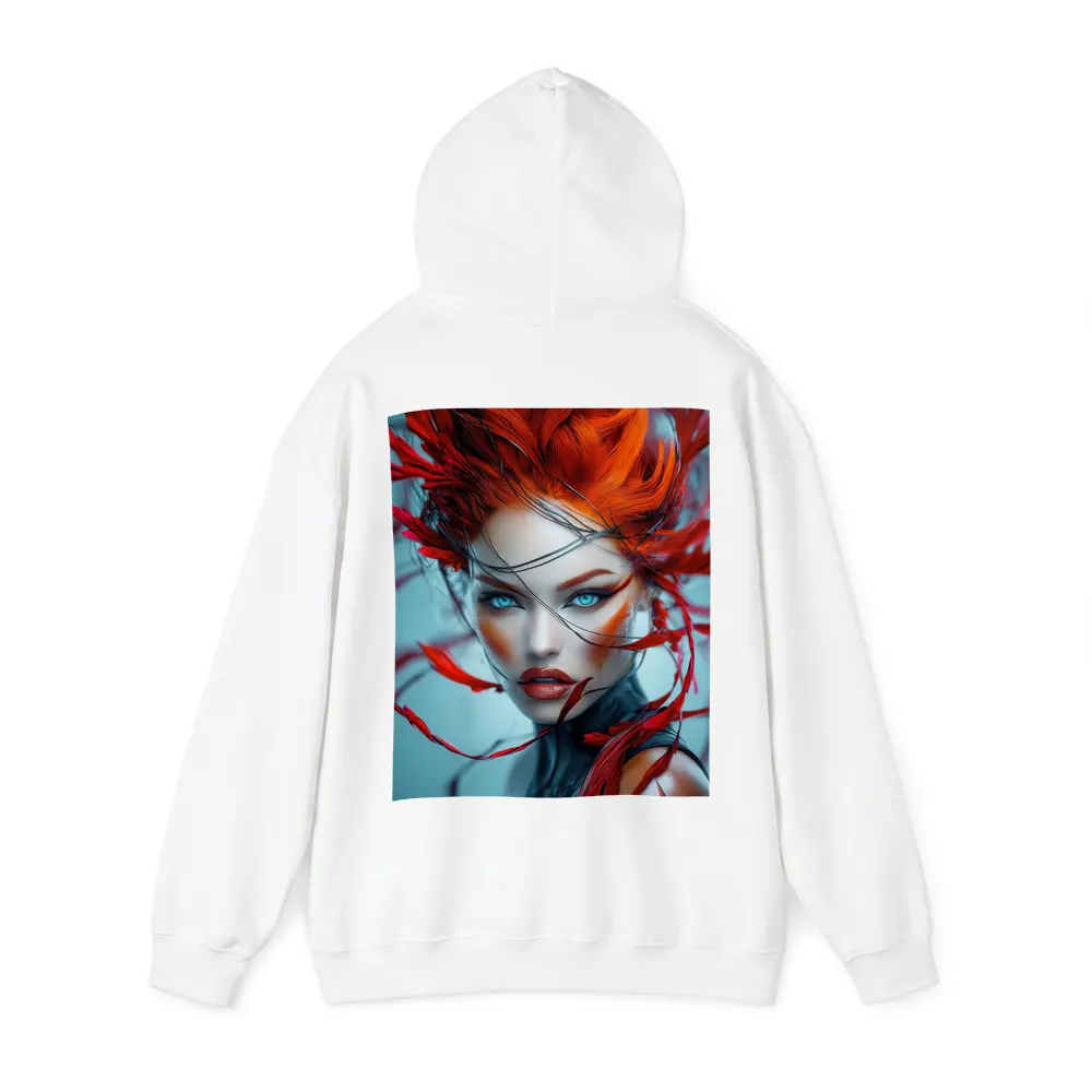 Red Feather Woman Portrait Blue Background – Hoodies
