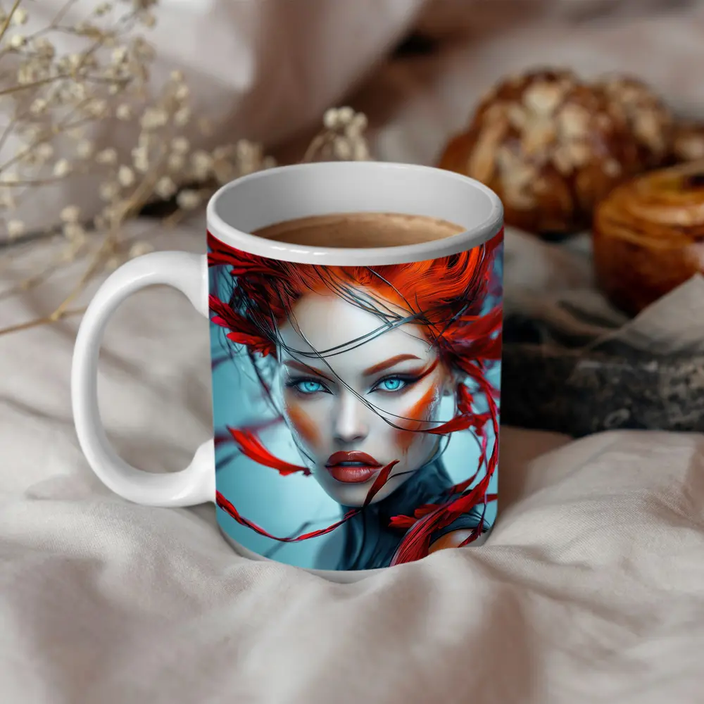 Red Feather Woman Portrait Blue Background – Mugs