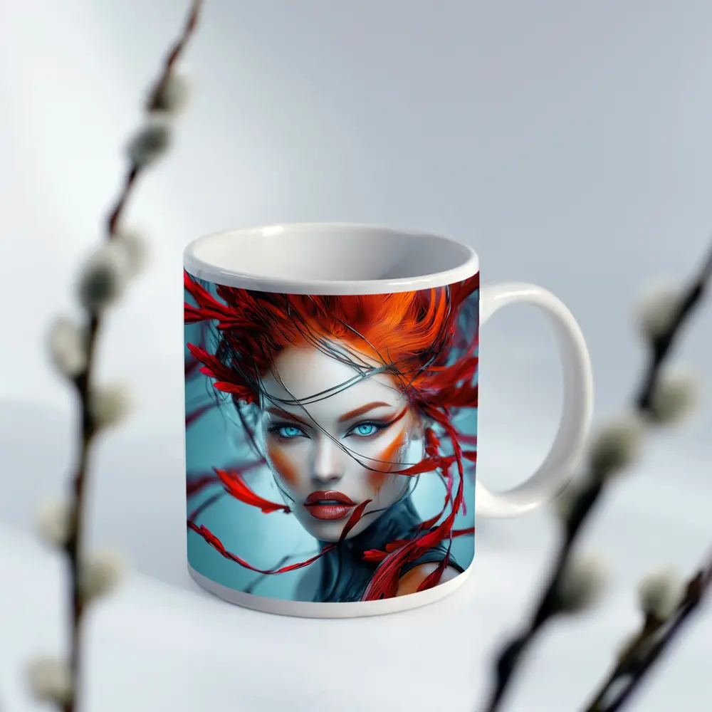 Red Feather Woman Portrait Blue Background – Mugs
