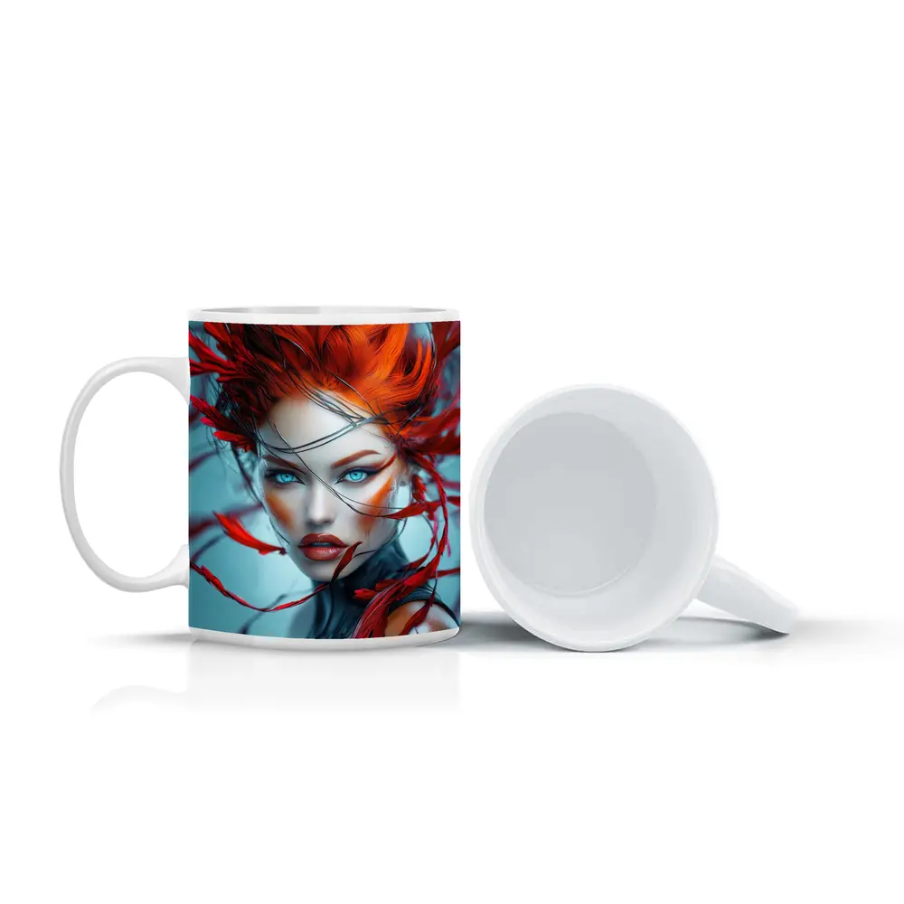 Red Feather Woman Portrait Blue Background – Mugs