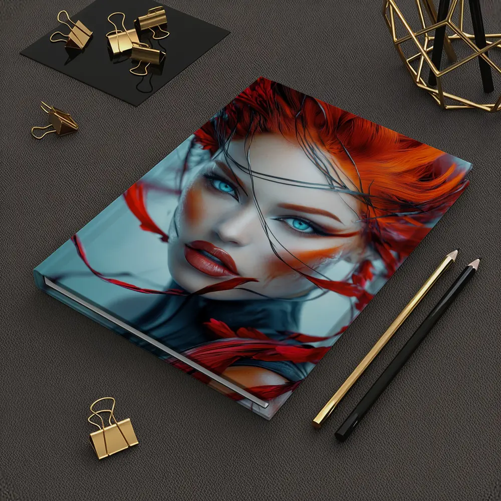 Red Feather Woman Portrait Blue Background – Notebooks
