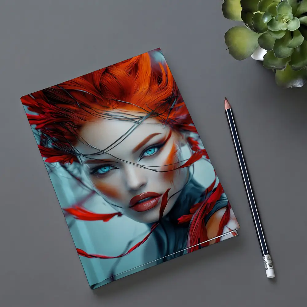 Red Feather Woman Portrait Blue Background – Notebooks